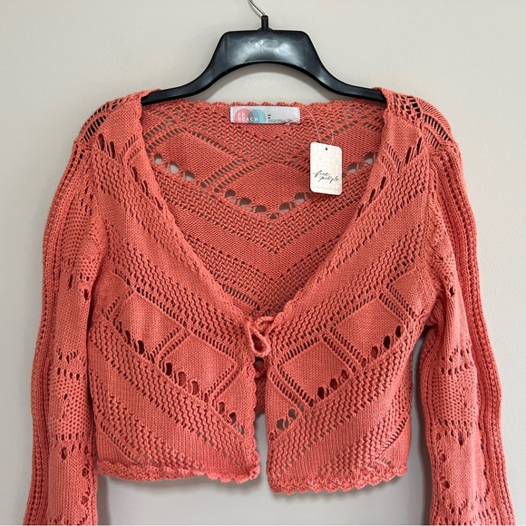 Free People Beach NWT Morgan Fauxchet Knit Tie Front Cardigan in Coral Orange, M - Picture 5 of 14